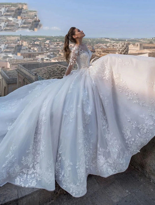 Engagement Sexy Fall Formal Wedding Dresses Ball Gown V Neck Long Sleeve Chapel Train Lace Bridal Gowns With Appliques